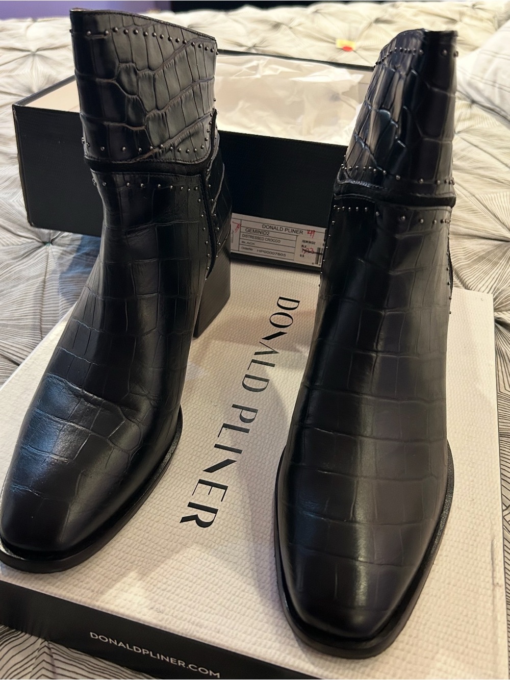 Donald J. Pliner Black Croc-Embossed Studded Ankle Boots